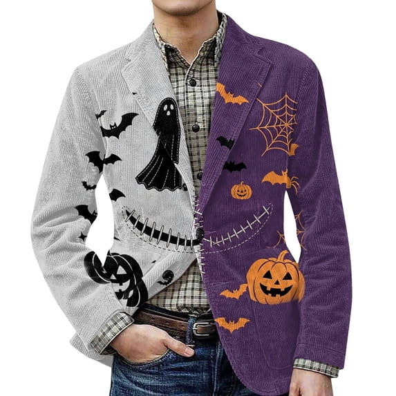 GrmtClth Mens Halloween Corduroy Blazer Jacket Small Halloween Motif Repeat Corduroy Loose Festival Street Outerwear Gray XL