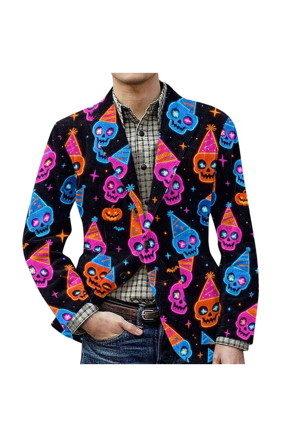 Mens Halloween Corduroy Blazer Jacket Solid Tone Giant Spooky Mix Contrast Lapel Full Print Soft Daily Outer Coat Blue M