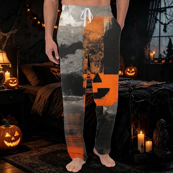 GrmtClth Mens Halloween Pajamas Pants Funny Novelty Pj Pants Witch Pumpkin Ghost Face Print Relaxed Fit Loungewear for 2026 Halloween with Pocket Dark Gray 2XL