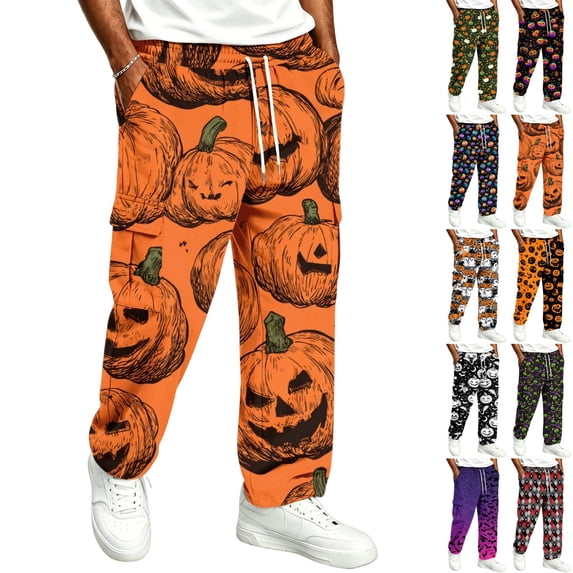 GrmtClth Mens Halloween Printed Joggers Spooky Pumpkin Bat Graphic Sweatpants Elastic Drawstring Waist Side Pockets Plus Size Holiday Sleep Bottoms Orange 2XL