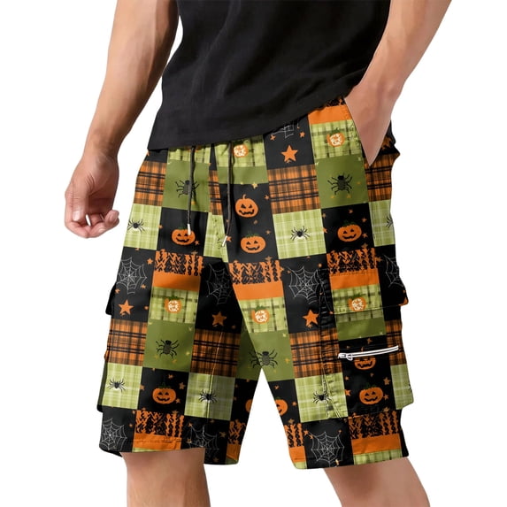 GrmtClth Mens Halloween print shorts 2026 Cute Jack O Lantern Walking Summer Cargo Shorts Relaxed Zipper Pocket Quick Dry Short Pants Daily Fun Travel Clothes Green L