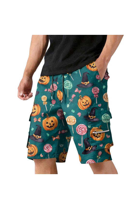 Mens Halloween print shorts 2026 Funny Pumpkin Walking Summer Short Trousers Loose Multi Zipper Pocket Cargo Shorts Beach Fun Party Clothes Green 3XL