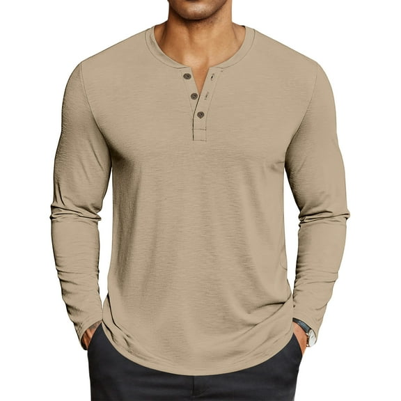 GrmtClth Mens Henley Shirt Basic Long Sleeve Button T-Shirt Cotton Blend Raglan Lightweight Comfy Basic Top Shirts 2025 Fall Khaki XXL