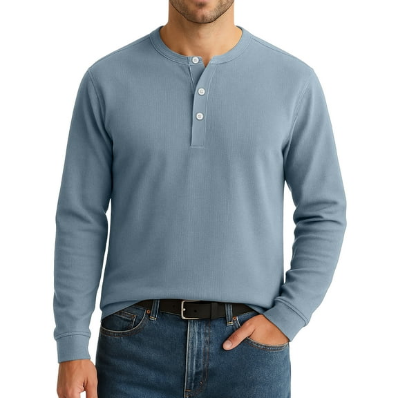 GrmtClth Mens Henley Shirt Cotton Blend Long Sleeve T-Shirt Lightweight Comfy Basic Button Basic Top Shirts 2025 Fall Light Blue XXXL