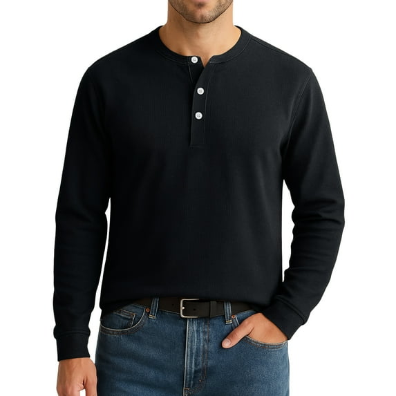 GrmtClth Mens Henley Shirt Cotton Blend Long Sleeve T-Shirt Lightweight Comfy Basic Button Pullover Shirt 2025 Fall Black L