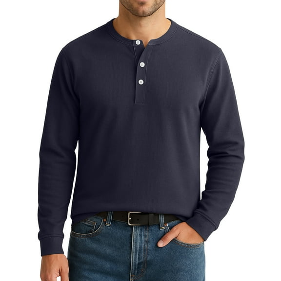 GrmtClth Mens Henley Shirt Cotton Blend Long Sleeve T-Shirt Lightweight Loose Fit Casual Button Basic Top Shirts 2025 Fall Navy XL