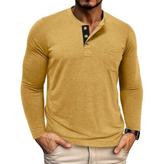 GrmtClth Mens Henley Shirt Fashion Long Sleeve Button T-Shirt Cotton Blend Lightweight Loose Fit Pullover Shirt 2025 Fall Yellow XL