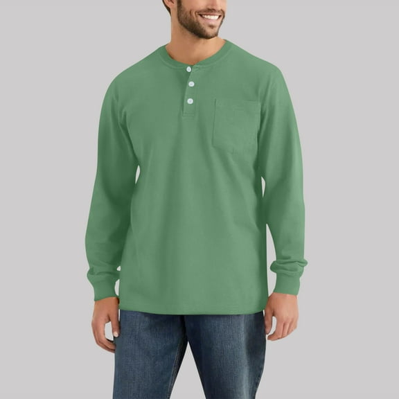 GrmtClth Mens Henley Shirts Casual Fit Long Sleeve Button Up T-Shirts Muscle Lightweight Tee Tops with pocket Army Green S