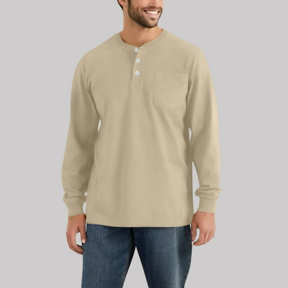 GrmtClth Mens Henley Shirts Fashion Long Sleeve Button Up T-Shirts Comfy Soft Lightweight Tee Tops with pocket Khaki XXL