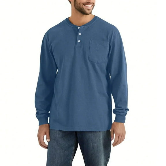 GrmtClth Mens Henley Shirts Fashion Long Sleeve Button Up T-Shirts Muscle Classic Tee Tops with pocket Royal Blue L