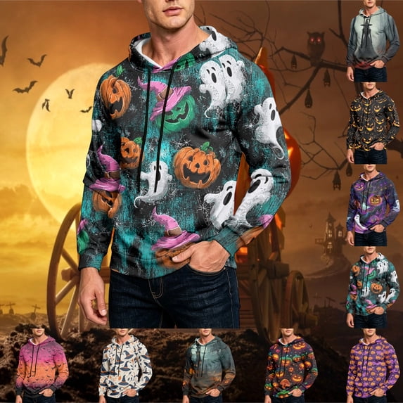 GrmtClth Mens Hoodie Halloween Solid Base Pumpkin Ghost Bat Witch Print Drawstring Hooded Casual Shirts Green 3XL