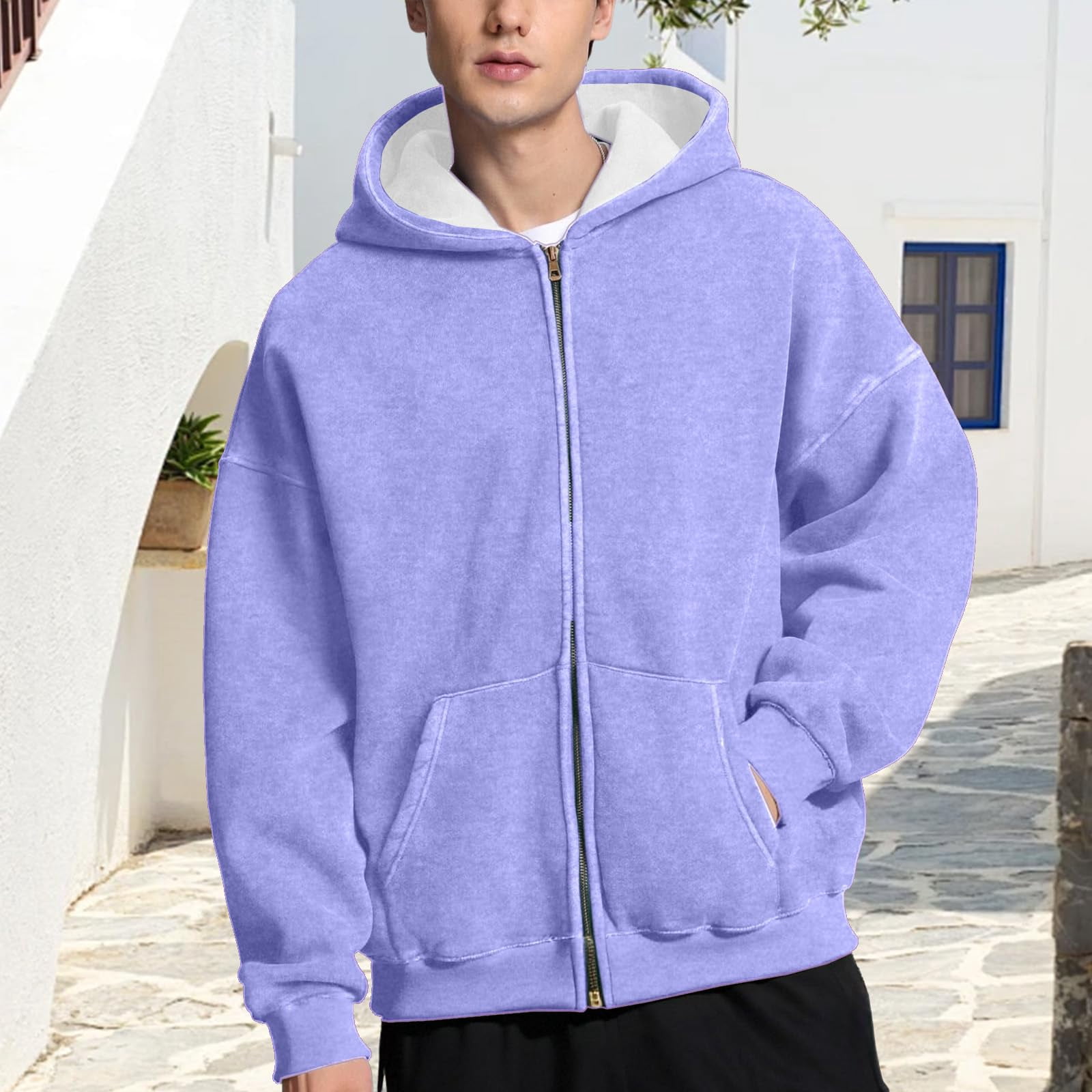 GrmtClth Hoodie Men Relaxed Fit Zip Up Hooded Sweatshirt Soft Long