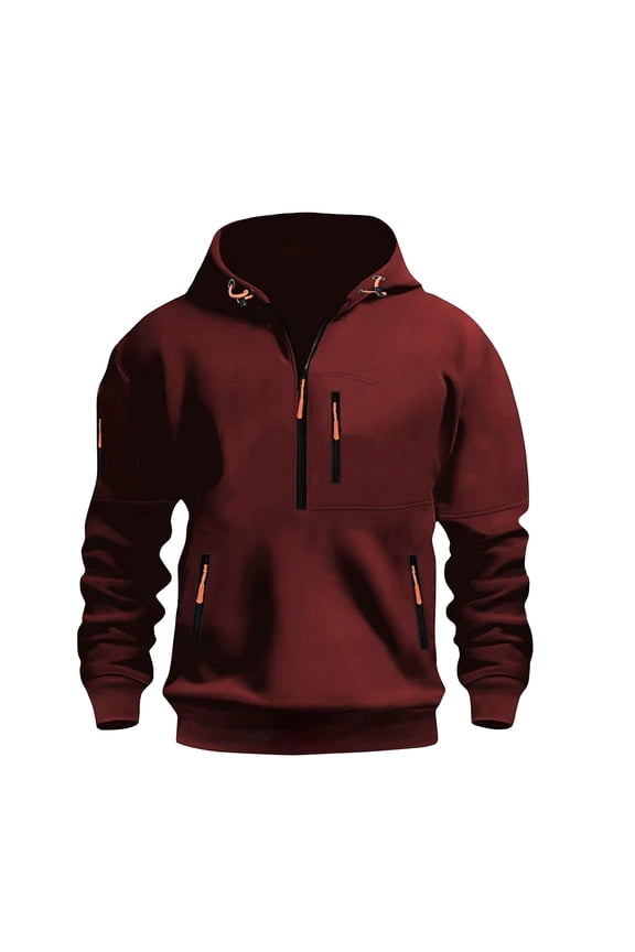 Mens Hoodies Half Zip Sweatshirt Vintage Long Sleeve Pullover Fall Winter Workout Drawstring Hooded Outerwear with Pockets Wine L