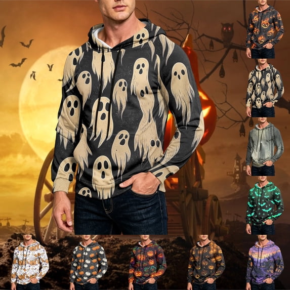 GrmtClth Mens Hoodies Halloween Cartoon Ghost Pumpkin Bat Witch All Over Print Athletic Daily Tops Khaki M