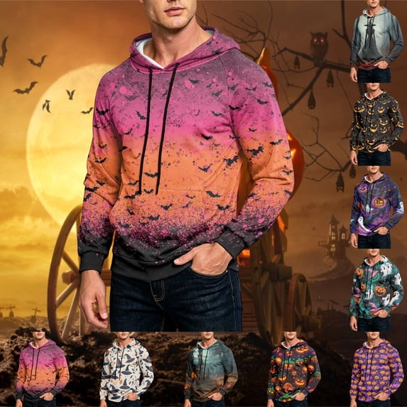 GrmtClth Mens Hoodies Halloween Minimalist Ghost Pumpkin Bat Witch Pattern Fall Casual Pullover Hoodies Orange M