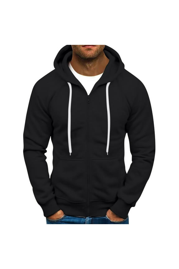 Mens Hoodies Loose Fit Full Zip Drawstring Hooded Sweatshirt 2025 Fall Basic Long Sleeve Pullover Tops Lightweight Outerwear with Pockets Black XXL