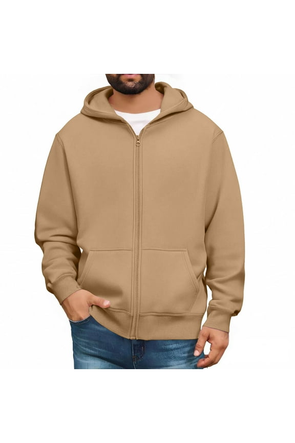 Mens Hoodies Loose Fit Full Zip Hooded Sweatshirt 2025 Winter Fashion Long Sleeve Pullover Lightweight Outerwear with Pockets Camel L