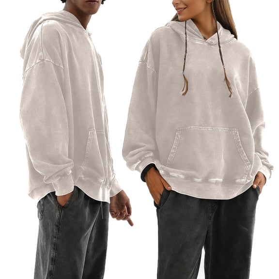GrmtClth Mens Hoodies Loose Fit Retro Grunge Y2k Couples Pullovers with Hood Classic Long Sleeve Acid Wash Sweatshirts Beige 2XL