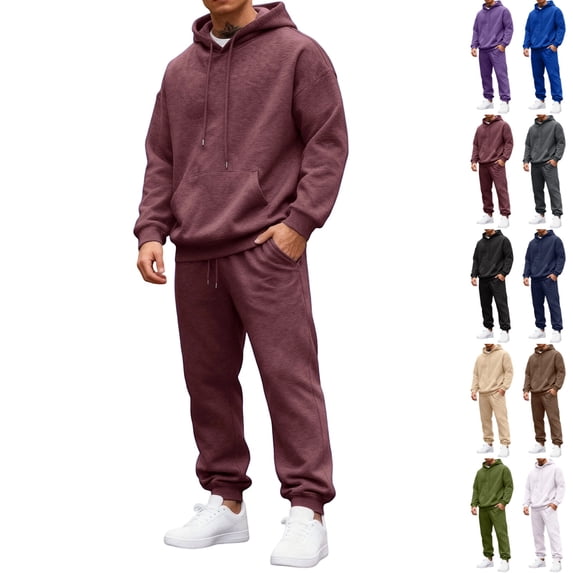 GrmtClth Mens Hoodies Two Piece Sweatsuit Drawstring Pullover Top Straight Bottoms Mens All Season Travel Training Set Wine 2XL