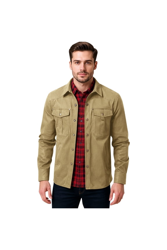Mens Jacket Fashion Flannel Lined Jacket Coat Long Sleeve Button Up Overshirts 2025 Fall Winter Western Cowboy Shacket with Pockets Khaki L