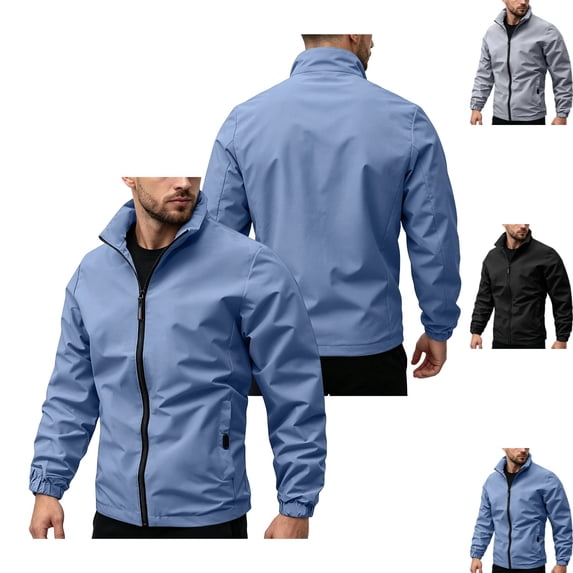 GrmtClth Mens' Jacket Stand Collar Wind Packable Lightweight Zip Pocket Golf Running Athletic Outer Top Blue S