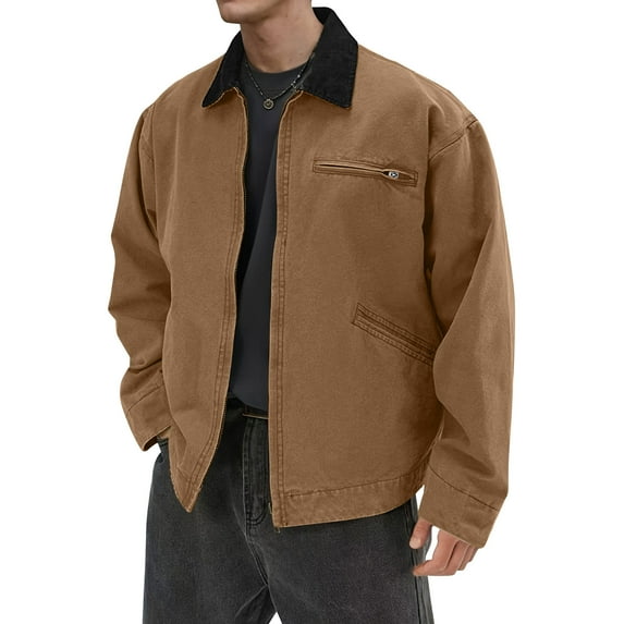 GrmtClth Mens Jackets Classic Full Zip Lapel Depot Jacket Lightweight Loose Fit Outerwear Coats with Pockets Khaki XL