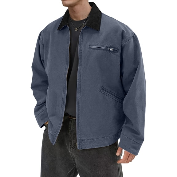 GrmtClth Mens Jackets Stylish Full Zip Long Sleeve Depot Jacket Casual Baggy Workwear with Pockets Blue L