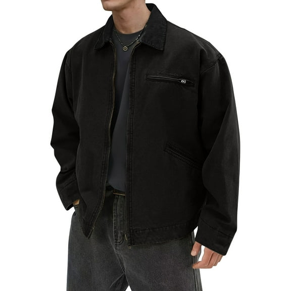 GrmtClth Mens Jackets Trendy Zip Up Long Sleeve Depot Jacket Casual Baggy Outerwear Coats with Pockets Black L
