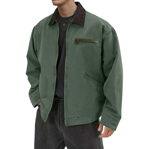 GrmtClth Mens Jackets Vintage Full Zip Long Sleeve Trucker Jackets Lightweight Loose Fit Outerwear Coats with Pockets Dark Green XXL