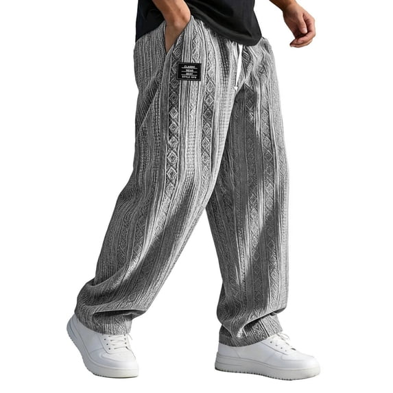 GrmtClth Mens Jacquard Texture Pants Embroidery Detail Summer Beach Trousers Lightweight Breathable Baggy Vacation Daily Wear Gray 3XL