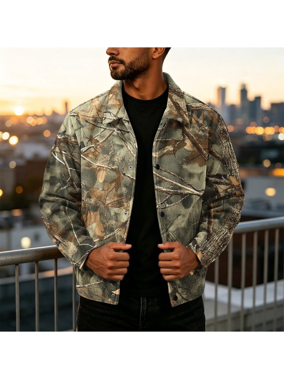 Mens Leaf Camo Casual Woodland Layering Jacket Long Sleeve Snap Front Loose Fit Autumn Daily Outerwear Yellow M