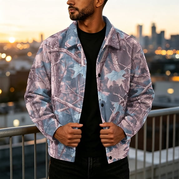 GrmtClth Mens Leaf Camo Collared Jacket Long Sleeve Snap Closure Oversized Fit Cool Weather Everyday Casual Coat Pink 2XL