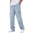thumbnail image 1 of GrmtClth Mens Light Soft Denim Cargo Pants, Wide Leg Multi Pocket Loose Trousers, Casual Street Relax Outfit, All Season Male Daily Wear Light Blue XL, 1 of 5