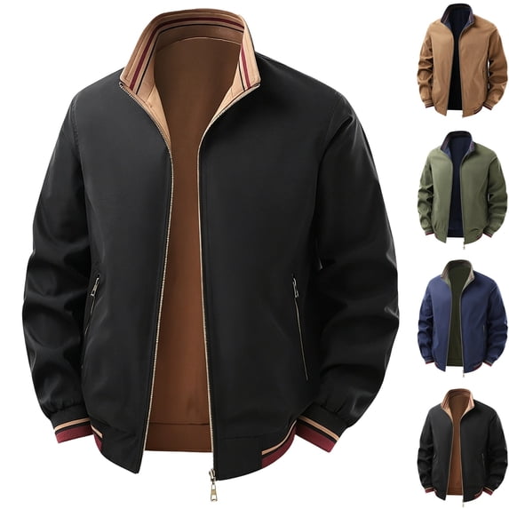 GrmtClth Mens' Lightweight Jacket Flight Striped Cuff Collar Trim Spring Fall Fashion Zip Up Bomber Coat Black 4XL