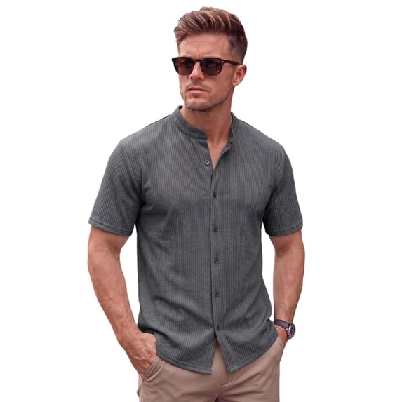 GrmtClth Mens Lightweight Waffle Knit Henley Shirt Casual Stand Collar Short Sleeve Full Button Placket Top Ribbed Textured Knit Breathable Solid Color Summer Daily Wear Tees Gray S
