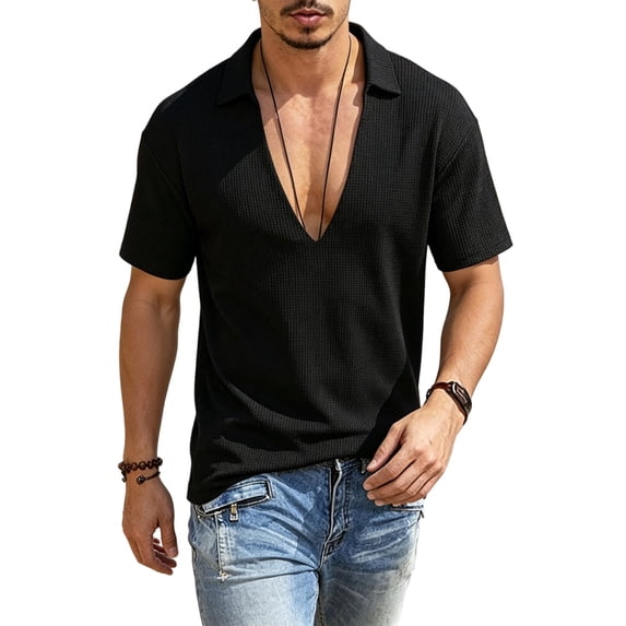 GrmtClth Mens Lightweight Waffle Knit Polo Shirt Casual Deep V-Neck Spread Collar Short Sleeve Top Breathable Relaxed Fit Solid Color Summer Daily Wear Tees Black XL