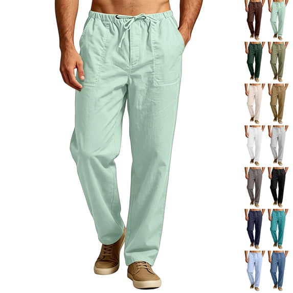 GrmtClth Mens Linen Casual Pants Adjustable Elastic Waistband Loose Fit Multi Pocket Breathable Summer Beach Daily Walking Trousers Mint Green 2XL