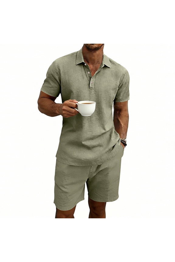 Mens Linen Henley Matching Short Set, Relaxed Fit Short Sleeve Henley Shirt & Comfortable Elastic Waist Shorts for Daily Wear Army Green XL