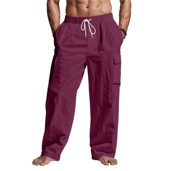GrmtClth Mens Linen Pants Casual Drawstring Elastic Waist Cargo Pants Loose Fit Lightweight Yoga Beach Pants 2026 Summer Cotton Relaxed Fit Travel Pant with Multi Pockets Wine 2XL