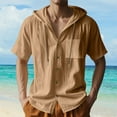 thumbnail image 1 of GrmtClth Mens Linen Shirt Casual Long Sleeve Shirts Summer Lightweight Hoodie Beach Yoga Hooded Tee with Key Pockets Khaki M, 1 of 8