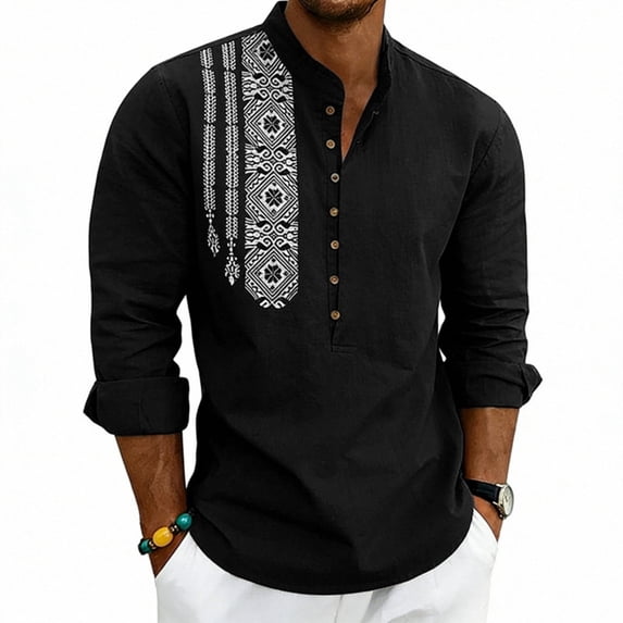GrmtClth Mens Linen Shirt Long Sleeve Button Beach Shirt Casual Solid Plain Wedding Shirt Banded Collar Summer Tops Black 3XL