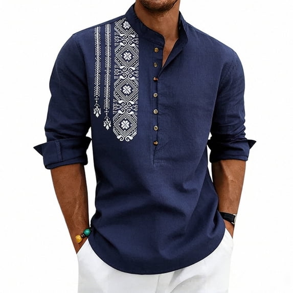 GrmtClth Mens Linen Shirt Long Sleeve Button Down Beach Shirt Casual Solid Plain Roll-Up Sleeve Shirts Banded Collar Dress Shirt Navy XL