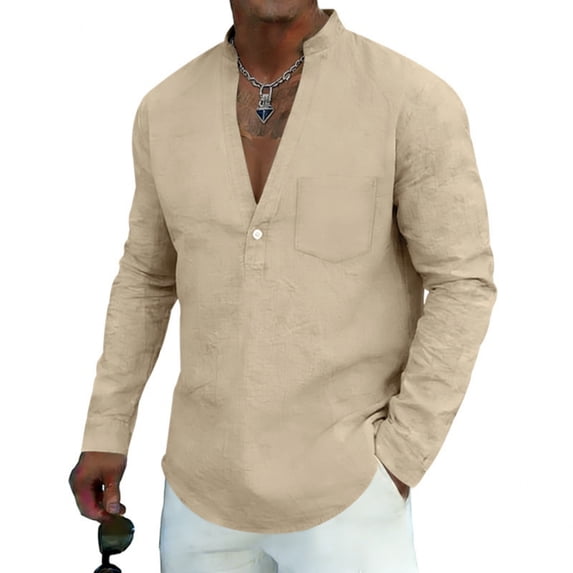 GrmtClth Mens Linen Shirt Long Sleeve Henley Shirts Casual Summer Beach Hippie T-Shirts Cotton Soft Band Collar Tee Top Khaki 2XL
