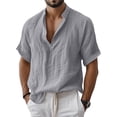 thumbnail image 1 of GrmtClth Mens Linen Shirt Short Sleeve Henley Shirts Summer Beach Casual Hippie T-Shirts Cotton Soft Collarless Top Gray 2XL, 1 of 7