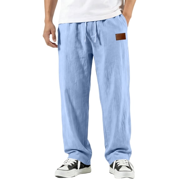 GrmtClth Mens Linen Straight Leg Pants Drawstring Elastic Waist Lightweight Breathable Casual Summer Trousers with Pockets Light Blue 3XL