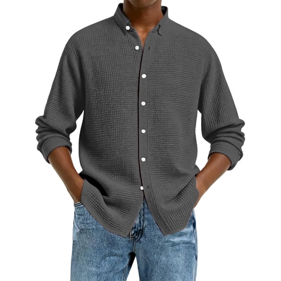 GrmtClth Mens Long Sleeve Button Down Shirts Waffle Fashion Shirts Jacket Lapel Soft Comfy Spring Fall Tops Black XXL