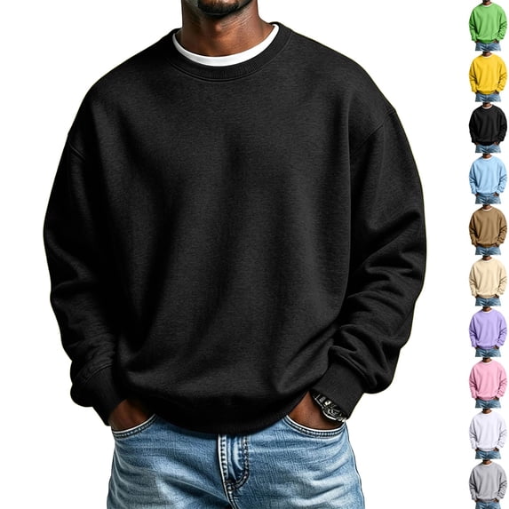 GrmtClth Mens Long Sleeve Crew Neck Sweatshirts Soft Thick Blend Fabric Ribbed Waistband Cuffs Loose Fit All Season Daily Athletic Pullovers Black M