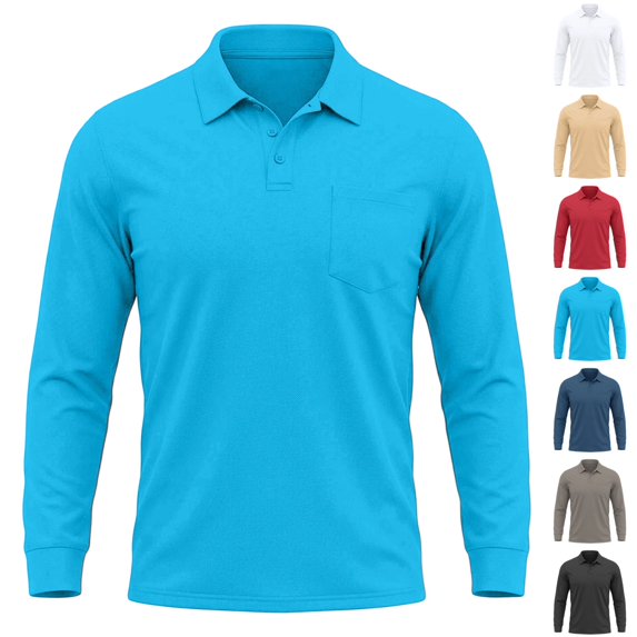 GrmtClth Mens Long Sleeve Golf Polo Shirts Soft Air Circulation Fabric Single Chest Pocket Quick Dry Performance Daily Commute Collared Shirts Light Blue 2XL