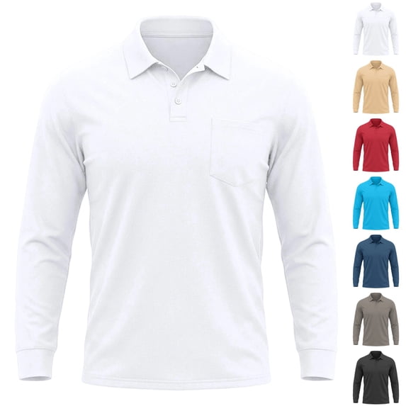 GrmtClth Mens Long Sleeve Golf Polo Shirts Soft Air Circulation Fabric Single Chest Pocket Quick Dry Performance Daily Commute Collared Shirts White 2XL