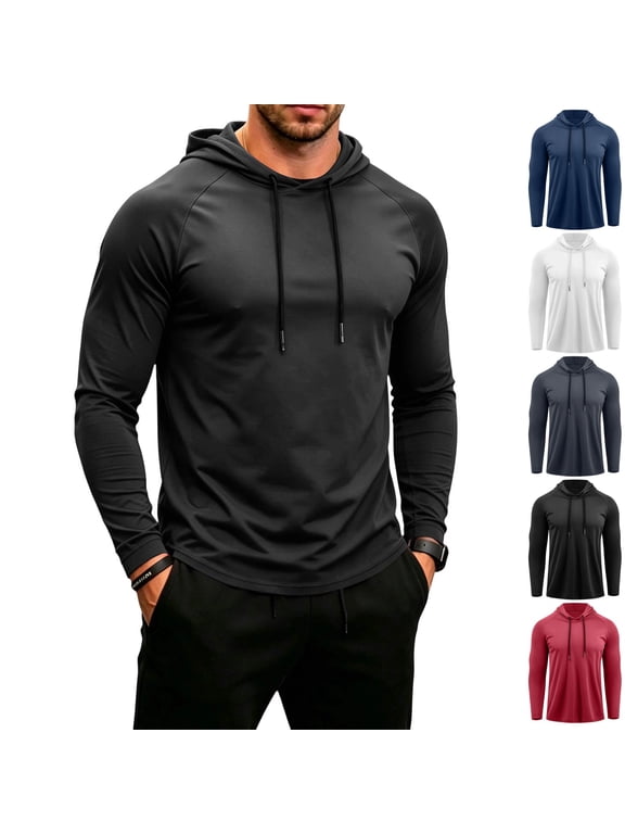Mens Long Sleeve Hoodies Quick Dry Compression Shirt Workout Athletic Gym Hoodie Shirts Workout Athletic Gym Hooded 2XL